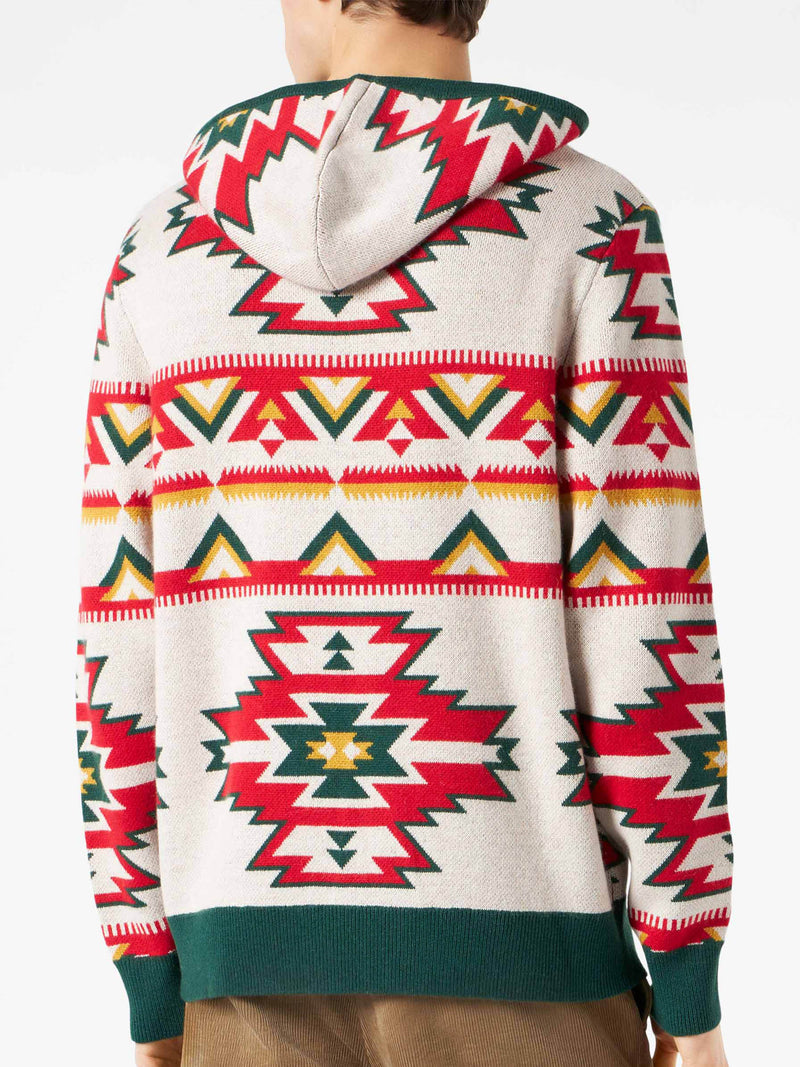 Man hooded knit with ethnic pattern