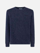 Maglia da uomo in lana stretch blu navy con ricamo St. Barth