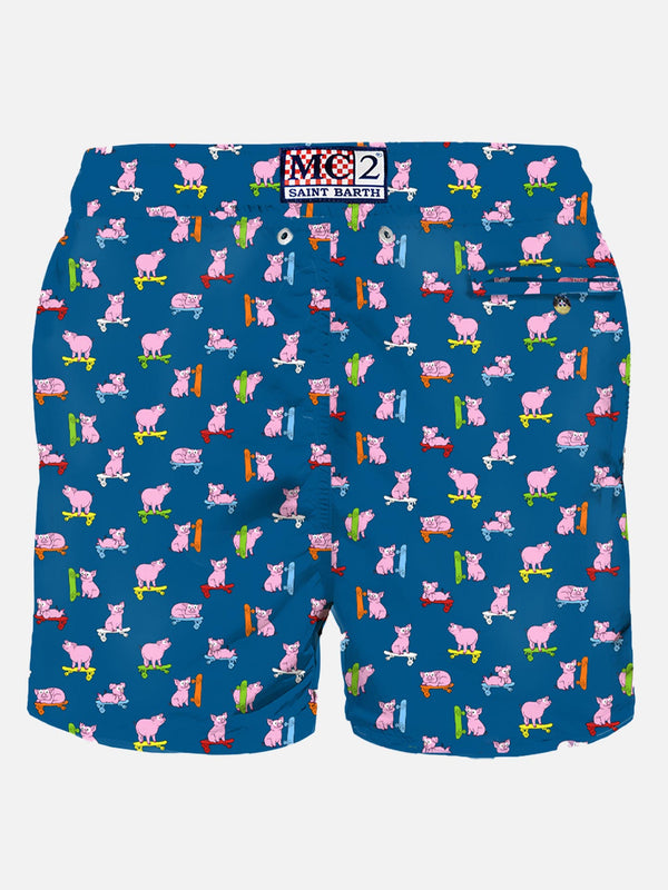 Man light fabric swim shorts with skater pigs print