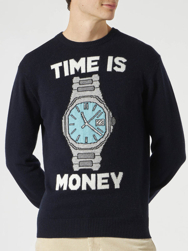 Herrenpullover mit „Time is Money“-Stickerei