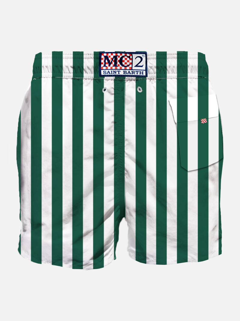 Man classic swim shorts with white and green stripes