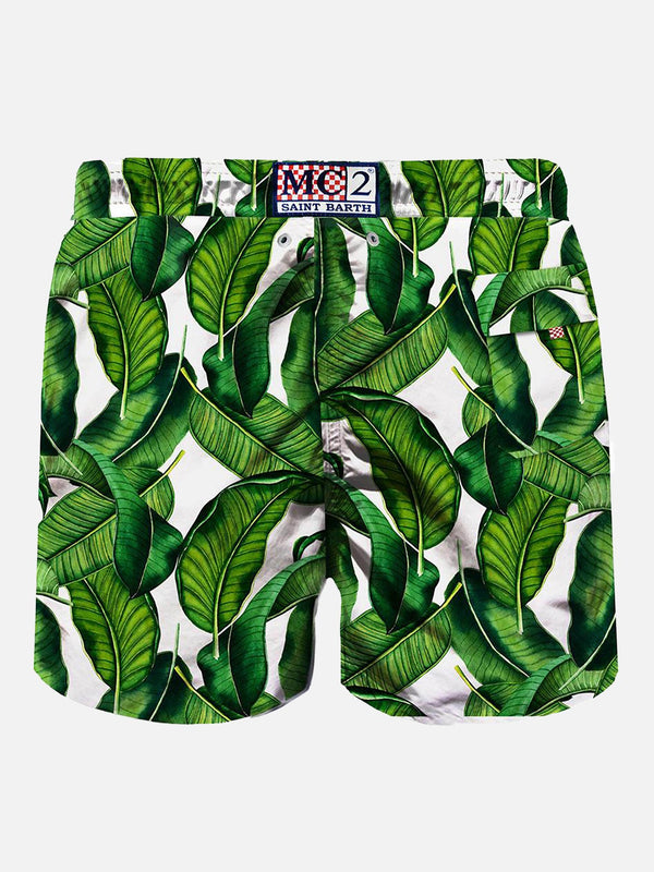 Banana leaves print mid-length swim shorts