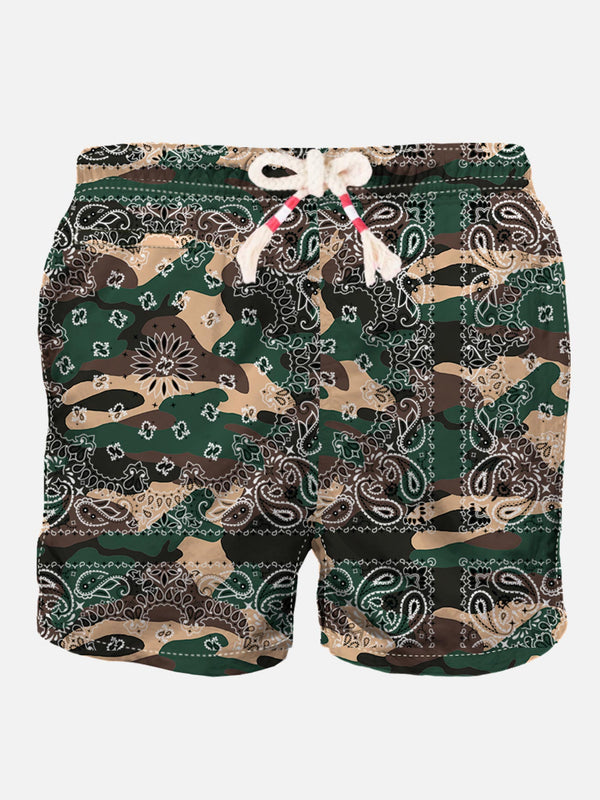 Man swim shorts with camouflage bandanna print