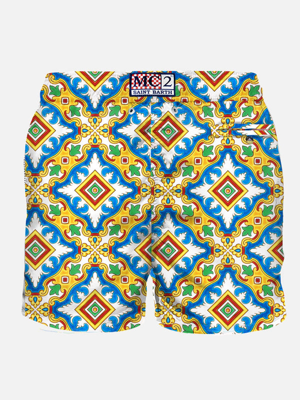 Man light fabric swim shorts with maiolica print