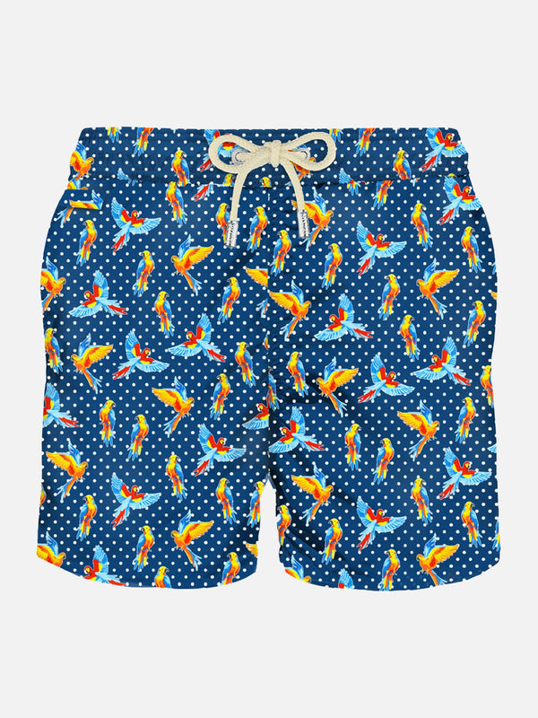 Man light fabric swim shorts with tropical birdies print