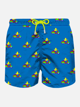 Blue swim shorts with ducks on scooters print | Special Edition