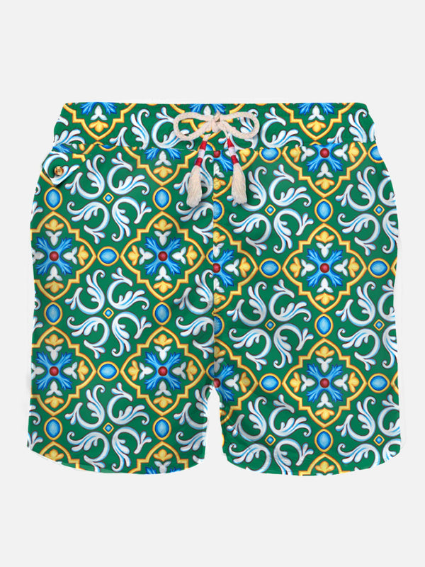 Man light fabric swim shorts with majolica print