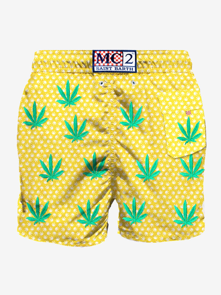 Embroidered leaves mid-length swim short