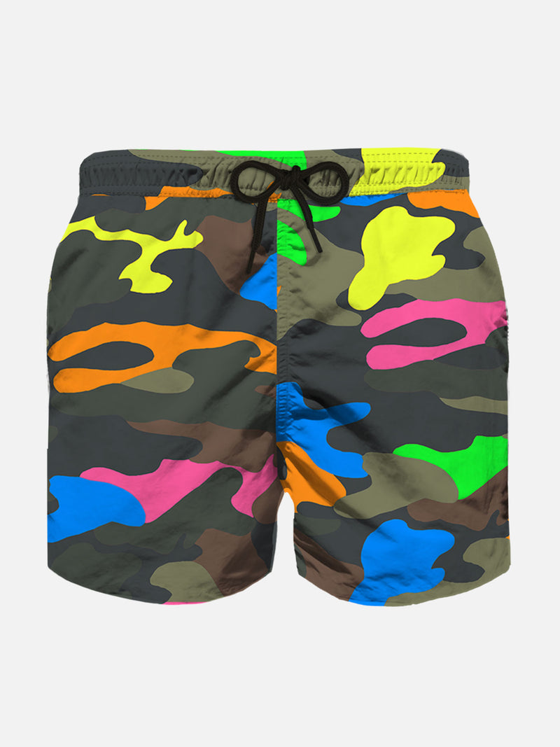 Badeshorts für Jungen mit mehrfarbigem Fluo-Camouflage-Print