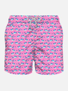 Herren-Badeshorts aus leichtem Stoff mit Hai-Aufdruck