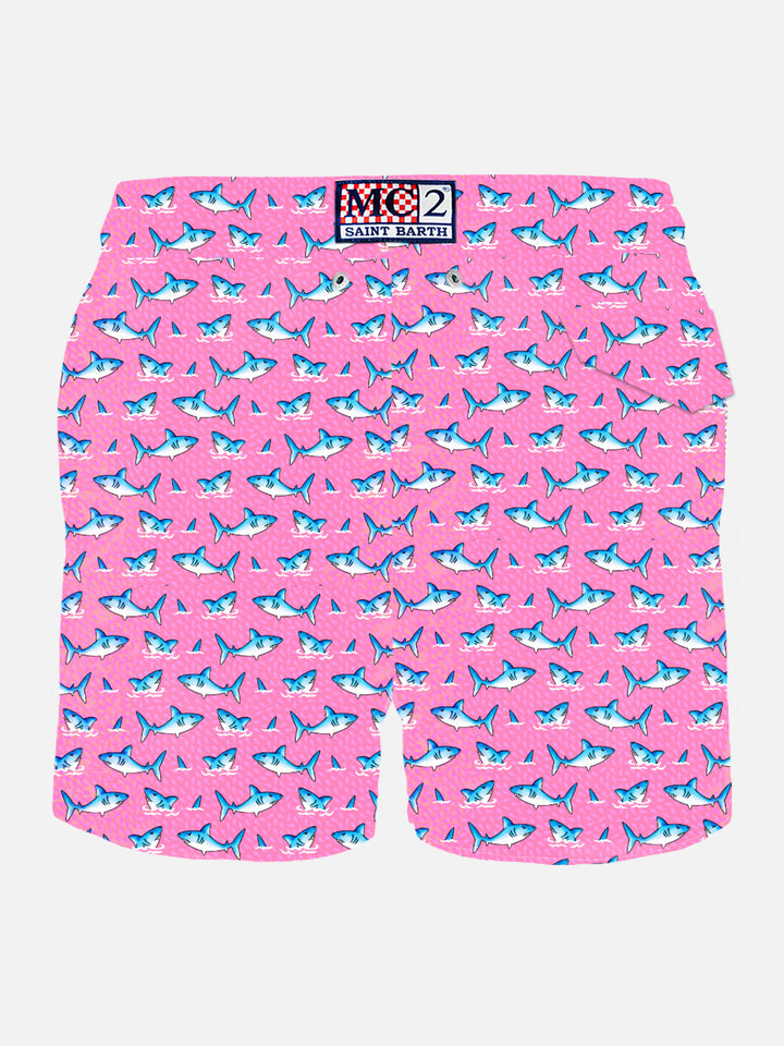 Herren-Badeshorts aus leichtem Stoff mit Hai-Aufdruck