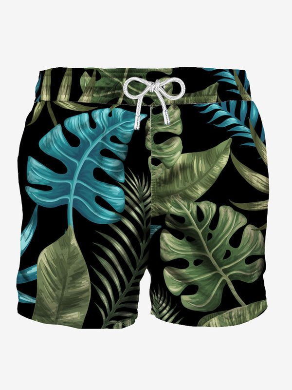 Multicolor tropical leaves print mid-length swim shorts