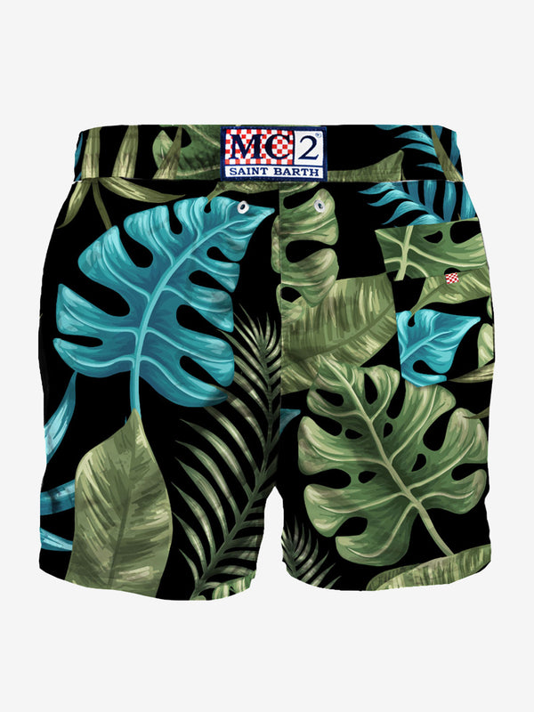 Mittellange Badeshorts mit mehrfarbigem Tropenblätter-Print