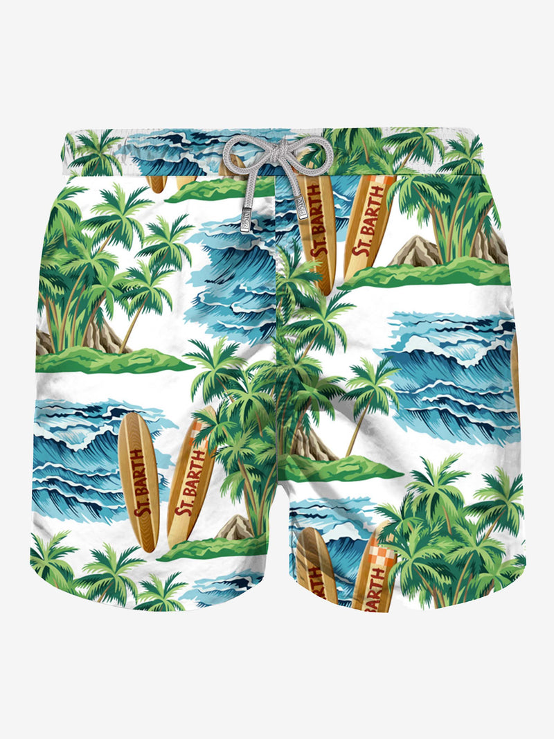 Mid-length swim shorts with hawaiian print