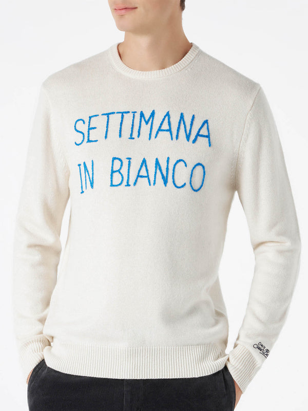 Weißer Herrenpullover mit Settimana in Bianco-Stickerei