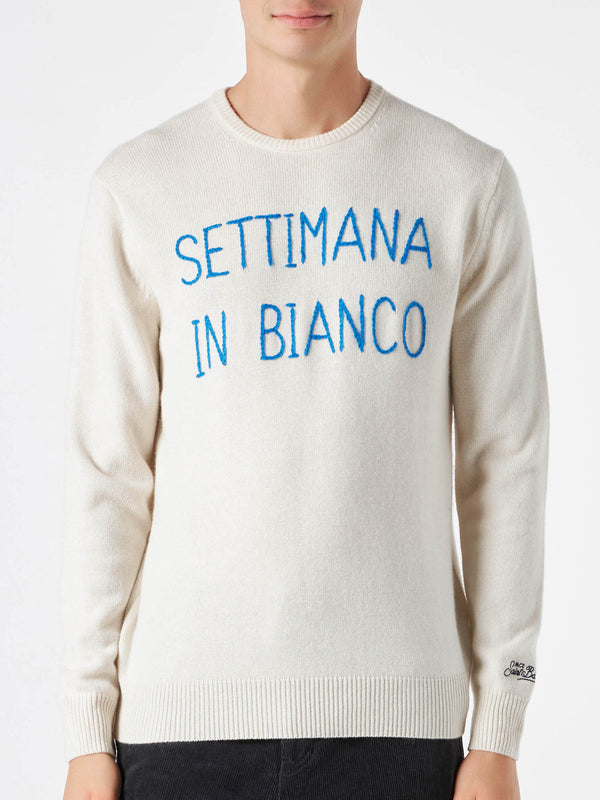 Weißer Herrenpullover mit Settimana in Bianco-Stickerei