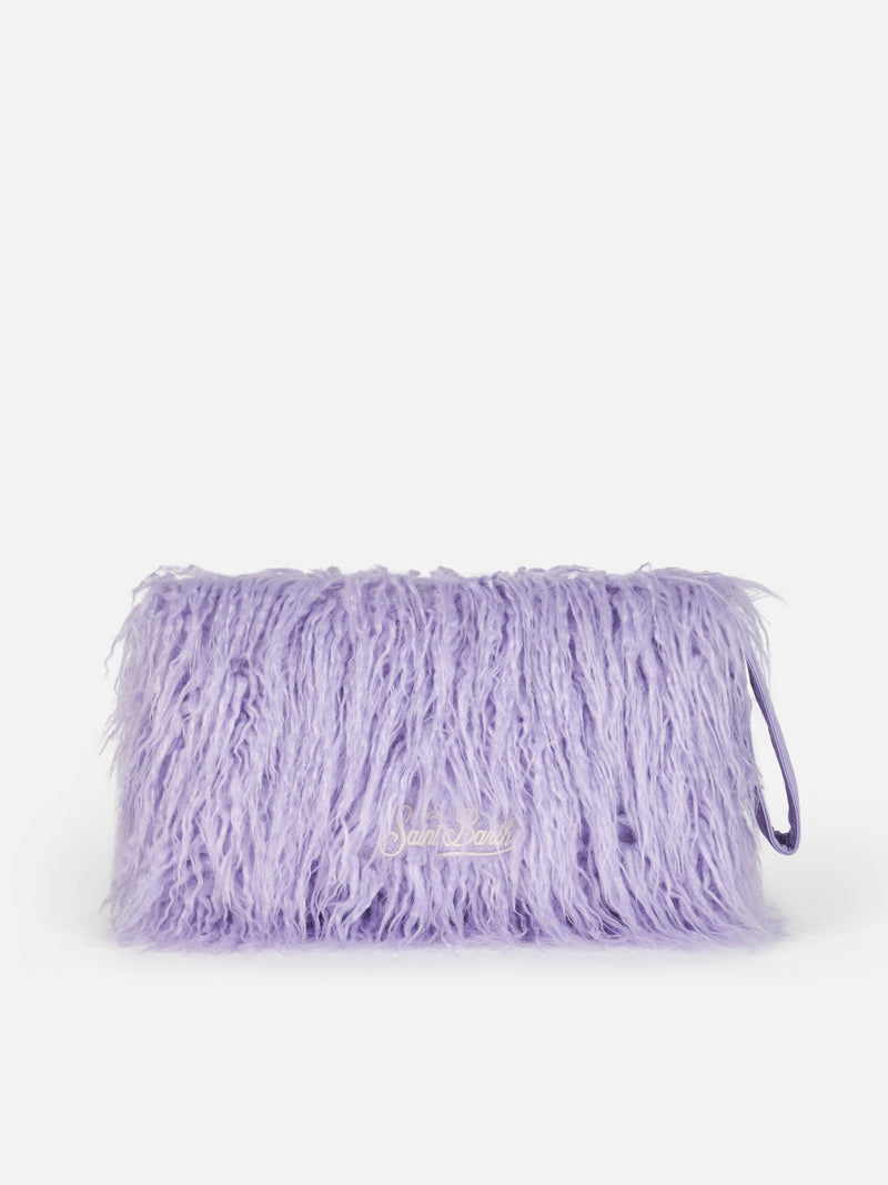 Lilac furry Mildred pochette with Saint Barth embroidery