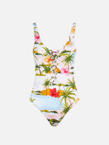 Woman one-piece swimsuit with tropical print