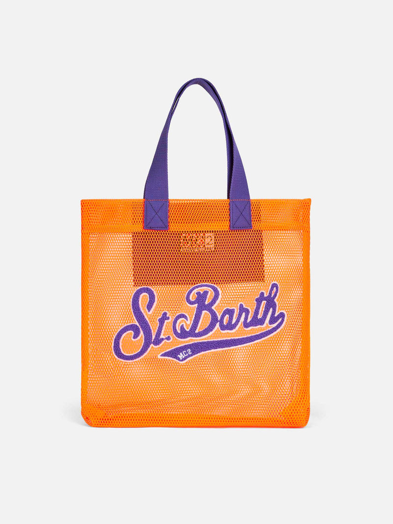 Mesh orange shopper bag with front terry embroidery