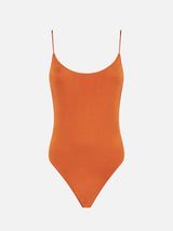 Shiny orange one piece swimsuit
