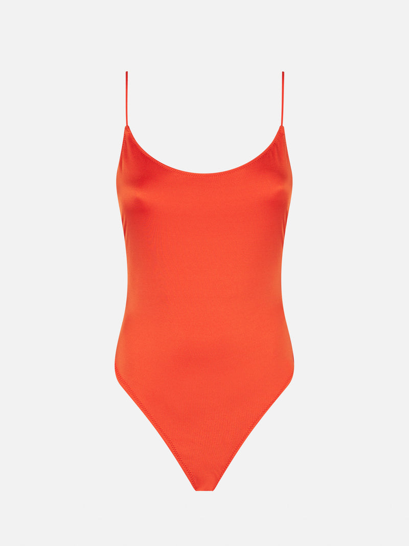 Shiny orange one piece swimsuit