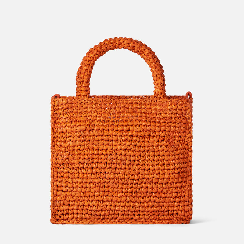 Orangefarbene Mini-Vanity-Basttasche mit Stickerei vorne