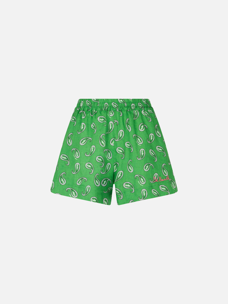 Damen-Strandshorts aus Leinen mit Paisley-Print