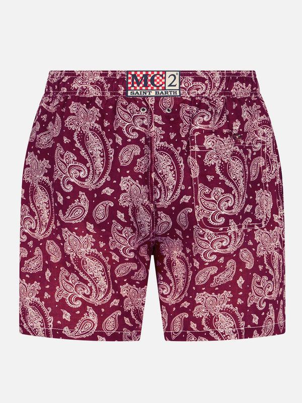 Costume da bagno da uomo in tessuto leggero con stampa paisley bordeaux