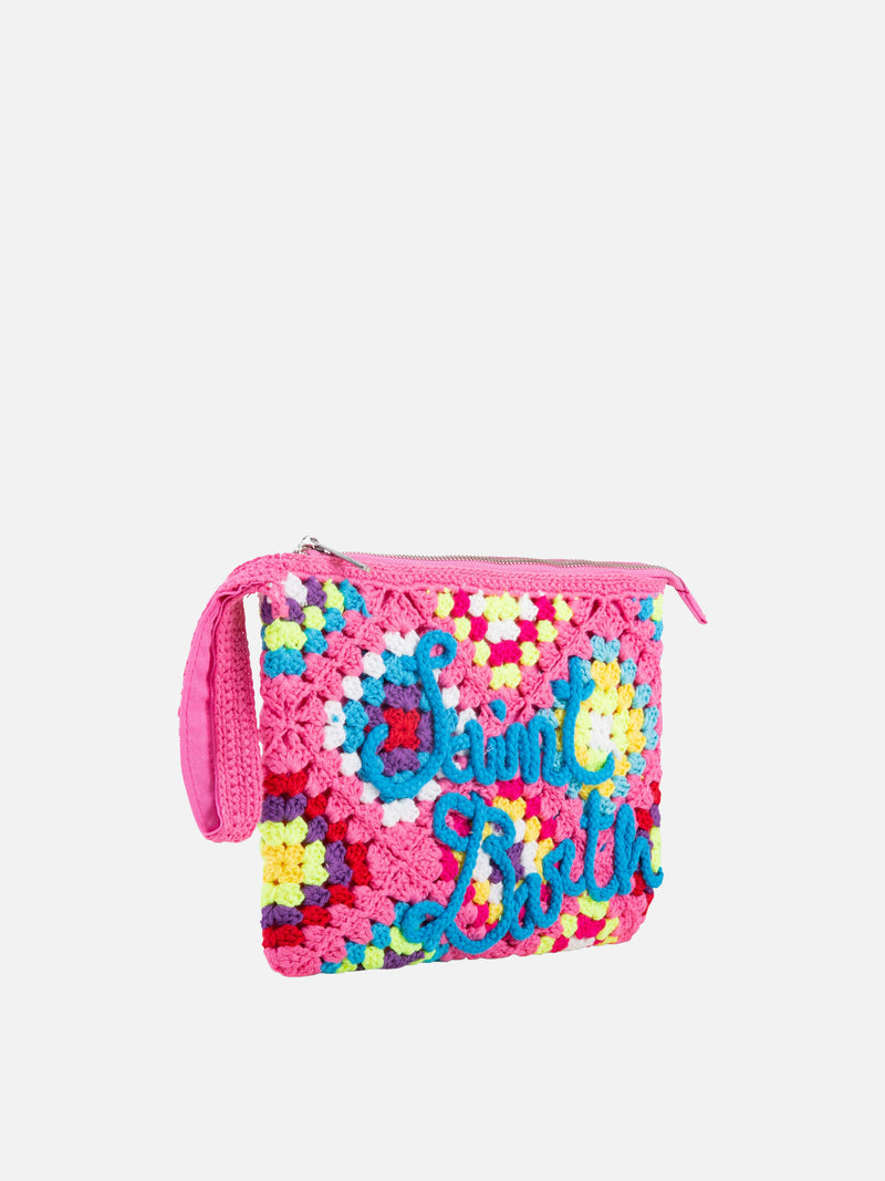 Rosa Parisienne-Häkelclutch mit Saint-Barth-Stickerei