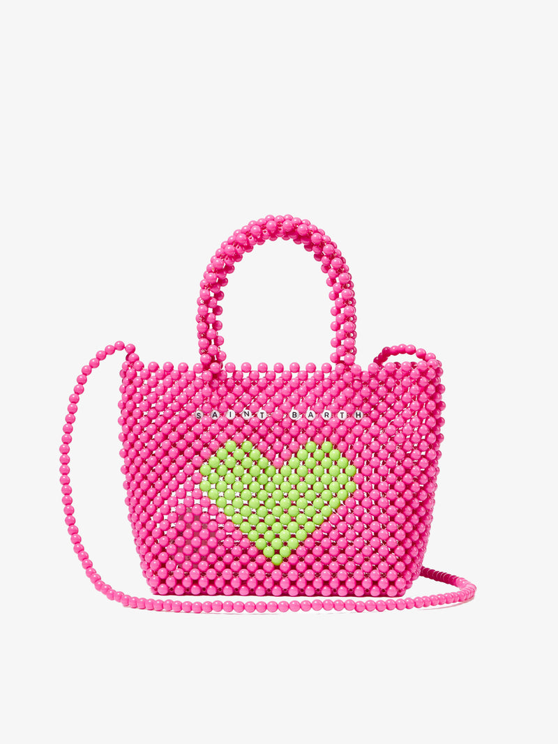 Perlenbesetzte rosa Handtasche mit grünem Herz