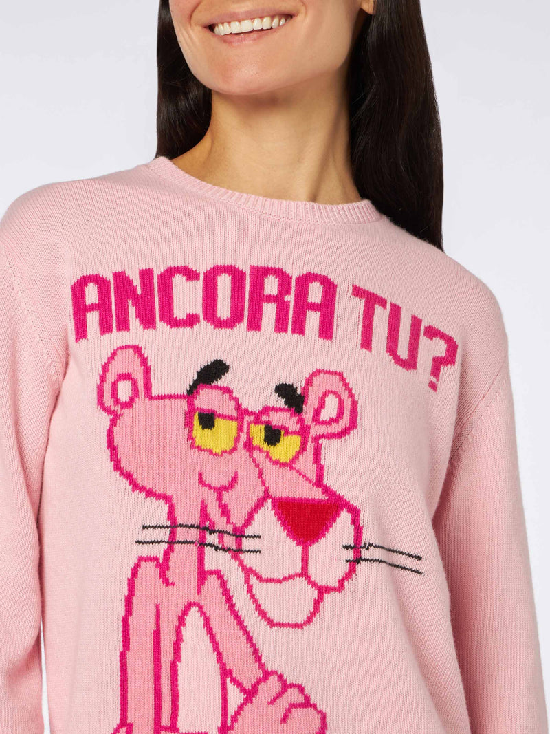 Rosafarbener Damenpullover mit Rundhalsausschnitt und Pink Panther Ancora Tu? Drucken | DIE PINK PANTHER SONDEREDITION