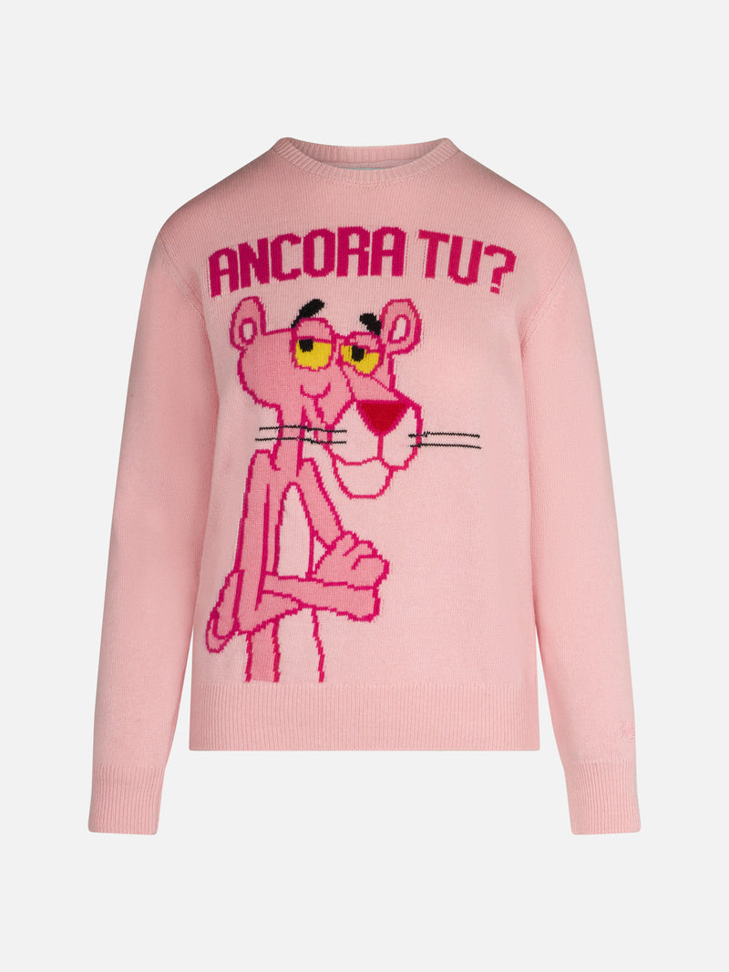 Rosafarbener Damenpullover mit Rundhalsausschnitt und Pink Panther Ancora Tu? Drucken | DIE PINK PANTHER SONDEREDITION