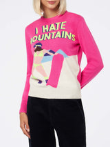 Woman crewneck fluo pink sweater with I hate mountains postcard print