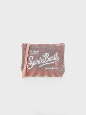 Aline rosafarbene Pochette mit Pailletten und aufgesticktem Logo