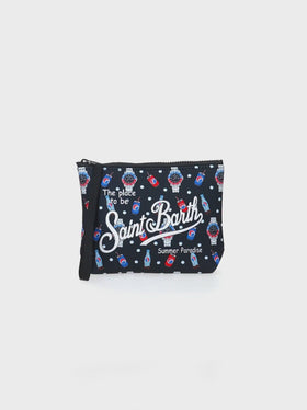 Pochette Aline in scuba con stampa orologi e drink