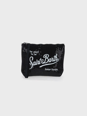 Pochette Aline nera con paillettes e logo ricamato