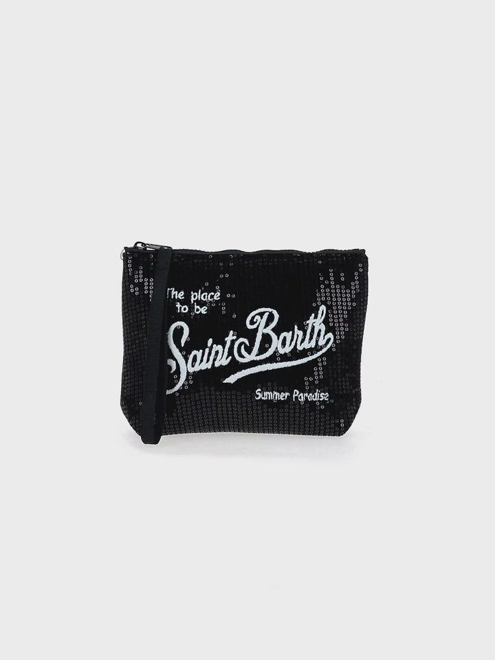 Schwarze Aline-Pochette mit Pailletten und aufgesticktem Logo