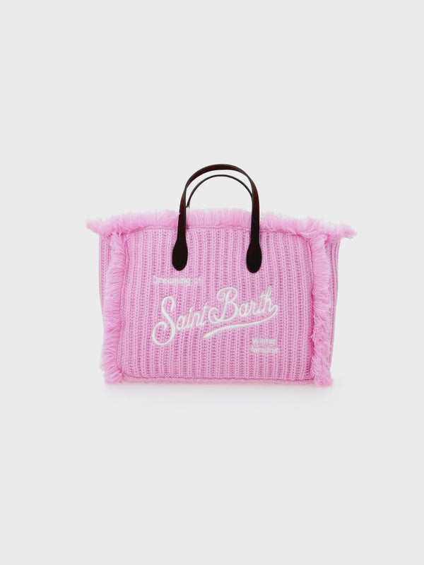 Pink rib knit Colette handbag with logo embroidery