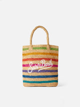 Raffia bucket bag with multicolor stripes and embroidery