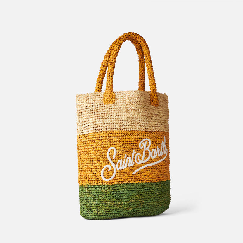 Raffia bucket bag with multicolor stripes and embroidery