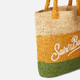 Raffia bucket bag with multicolor stripes and embroidery