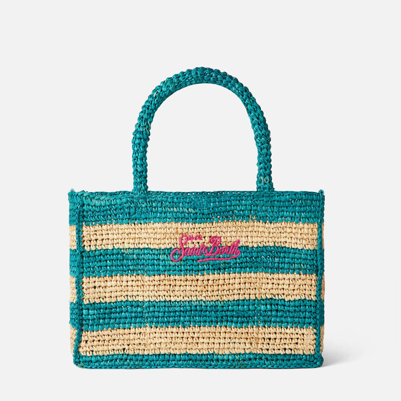 Colette raffia handbag with white and bluette stripes