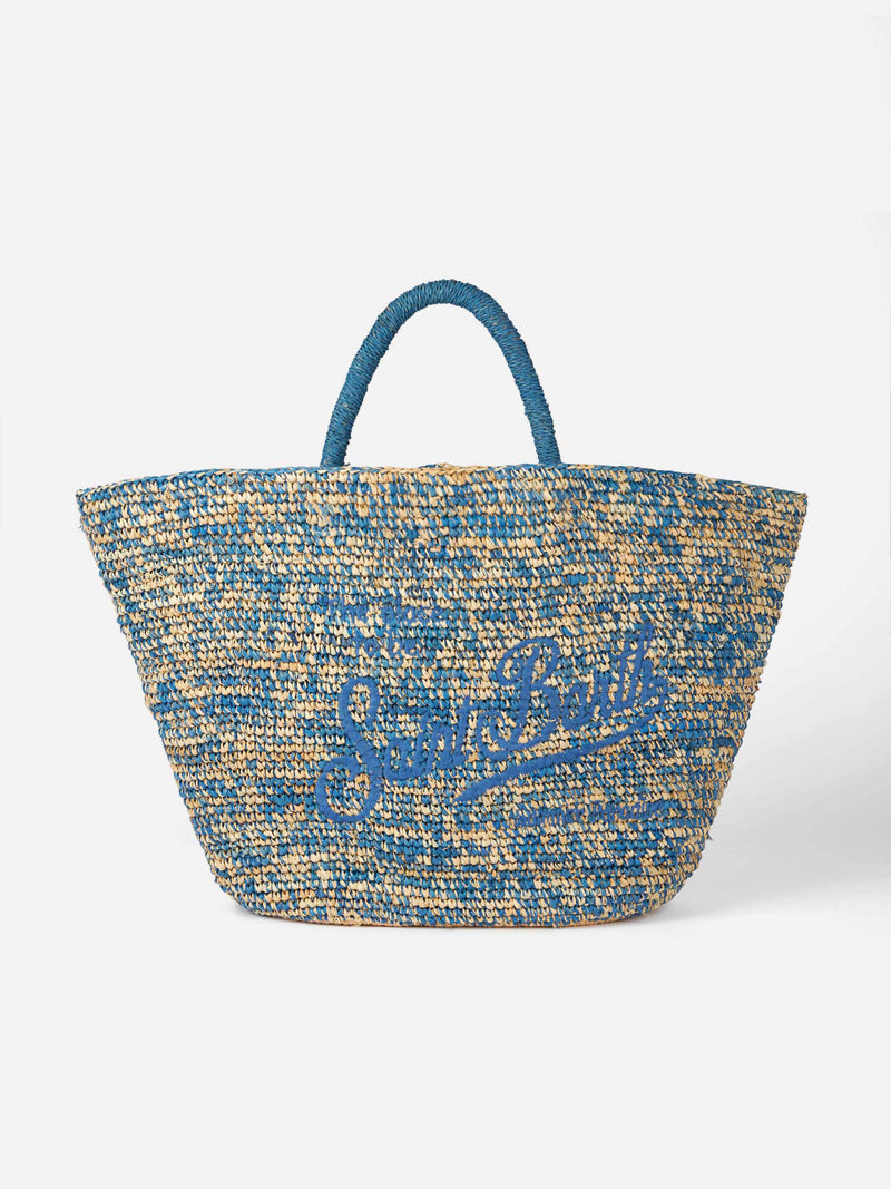 Tasche aus Bast in Blau und Weiß mit Stickerei vorne