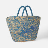 Borsa in rafia blu e bianca con ricamo frontale