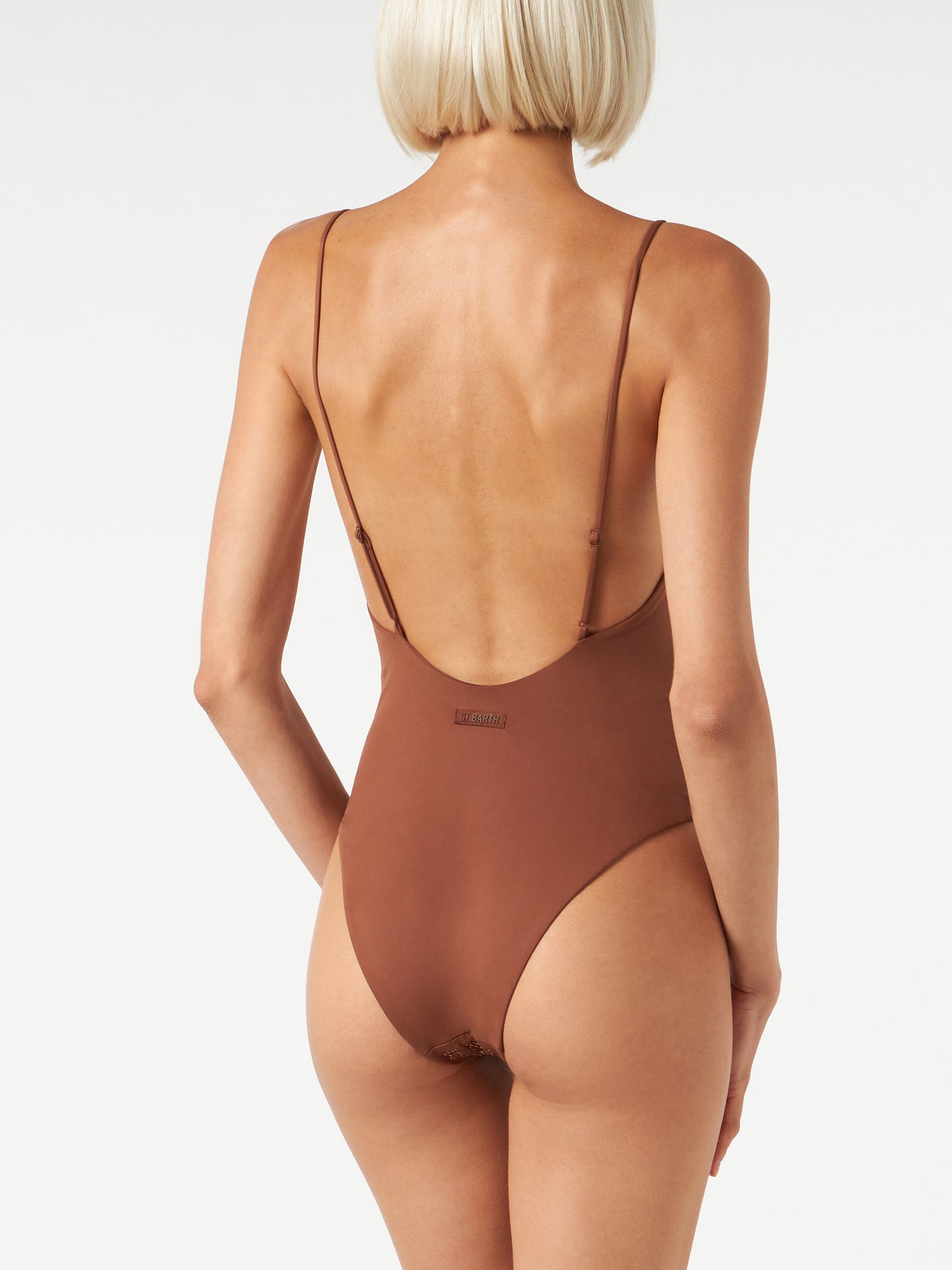 Costume intero da donna con strass tonalità marrone