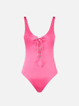 Woman pink one-piece swimsuit