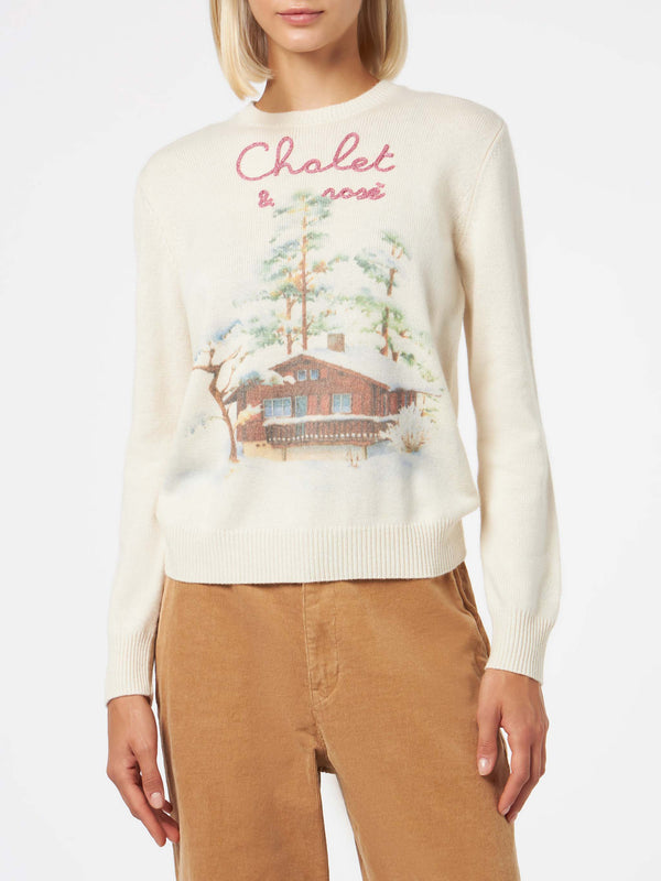 Woman crewneck sweater with Chalet & Rosè embroidery