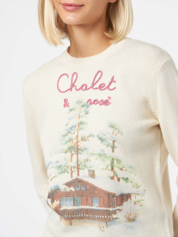 Woman crewneck sweater with Chalet & Rosè embroidery