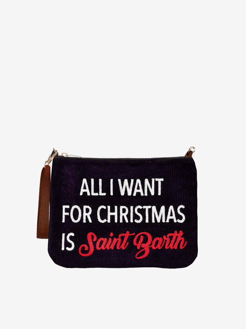 Parisienne-Umhängetasche Clutch aus Samt mit Motiv und der Stickerei „All I want for Christmas is Saint Barth“.