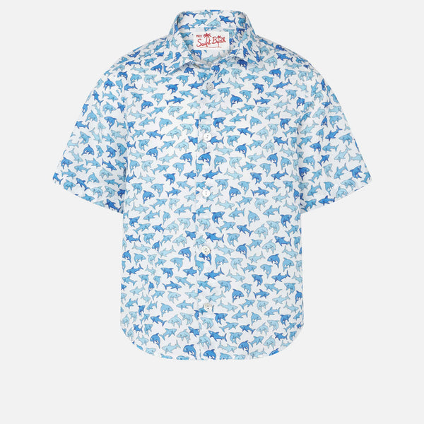 Jungenhemd mit hellblauem Hai-Allover-Print